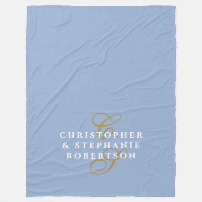Cobertor De Velo Monogram Couple Minimalist Blue Gold White Chic (Frente)