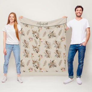 Cobertor De Velo Monograma Boho Beige Botânica Floral Verde Rosa