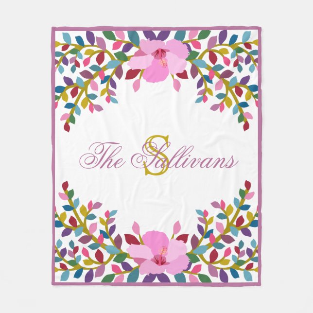 Cobertor De Velo Monograma Boho Foliage Hibiscus Fleece Blanket (Frente)