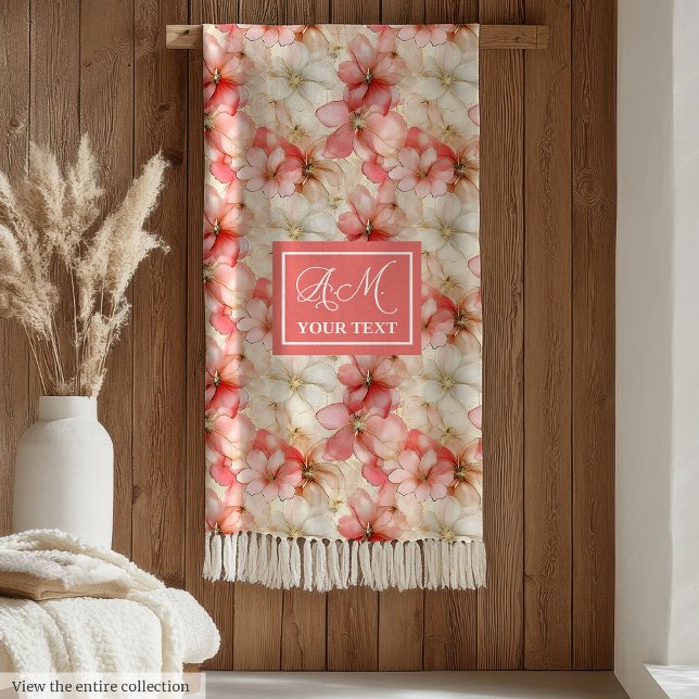 Cobertor De Velo Monograma Chic Floral Rosa Dourado Tinta Delicada (Delicate Ink Blush Pink Gold Floral Chic Monogram Fleece Blanket)