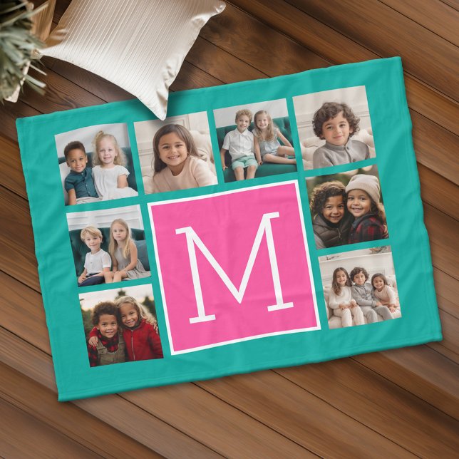 Cobertor De Velo Monograma de Colagem de Fotos do Teal Hot Pink 8 (Personalized fleece blanket with 8 photos and custom text)