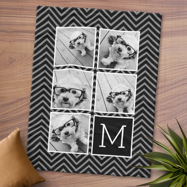 Cobertor De Velo Monograma de Colagem de Fotos Preto Branco Quadrad (Personalized Fleece Blanket - Add Photos and Text or Customize completely in advanced design area)