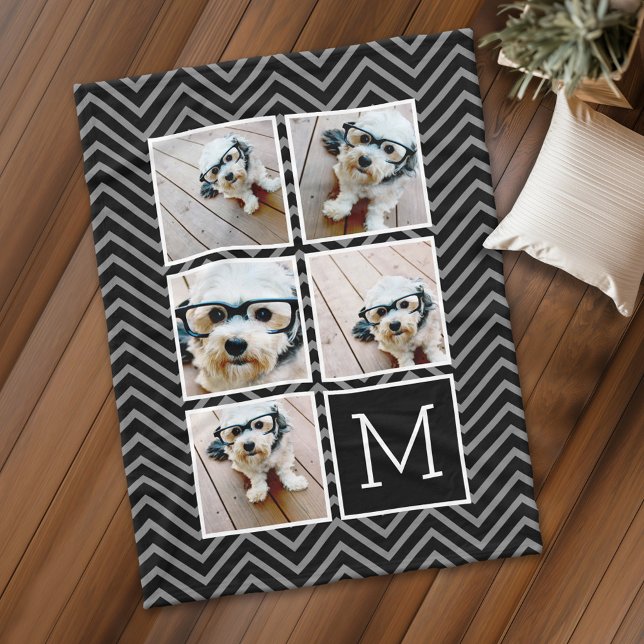 Cobertor De Velo Monograma de Colagem de Fotos Preto Branco Quadrad (Personalized fleece blanket with 5 photos and a monogram)