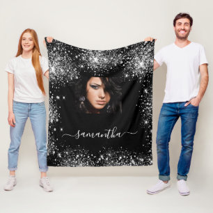 Cobertor De Velo Monograma de fotos personalizadas em prata preta