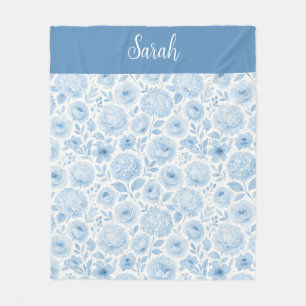 Cobertor De Velo Monograma de Nome Floral em Aquarela Azul Branco