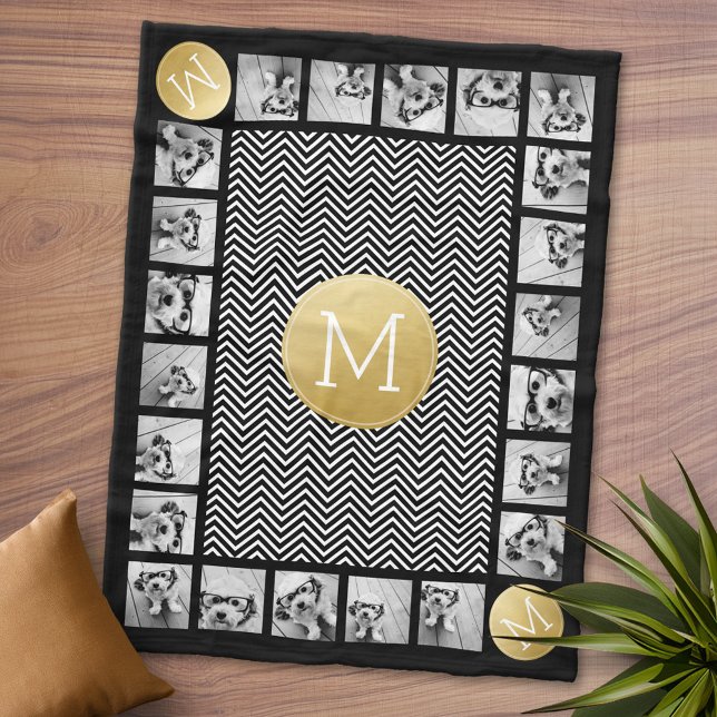 Cobertor De Velo Monograma de Padrão de Chevron Preto e Branco 11 F (Personalized Fleece Blanket - Add Photos and Text or Customize completely in advanced design area)