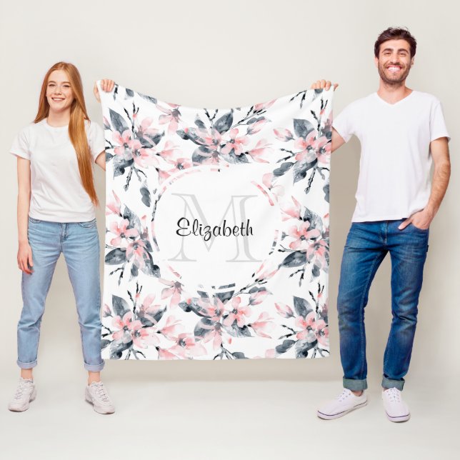 Cobertor De Velo Monograma de Padrão Flor de Aquarela Rosa e Cinza (In Situ)
