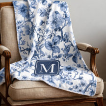 Monograma de Padrão Toile Floral Azul Vintage