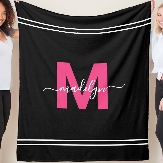 Cobertor De Velo Monograma do Nome do Script Preto Rosa (Girly Hot Pink Black Script Name Monogram Fleece Blanket )