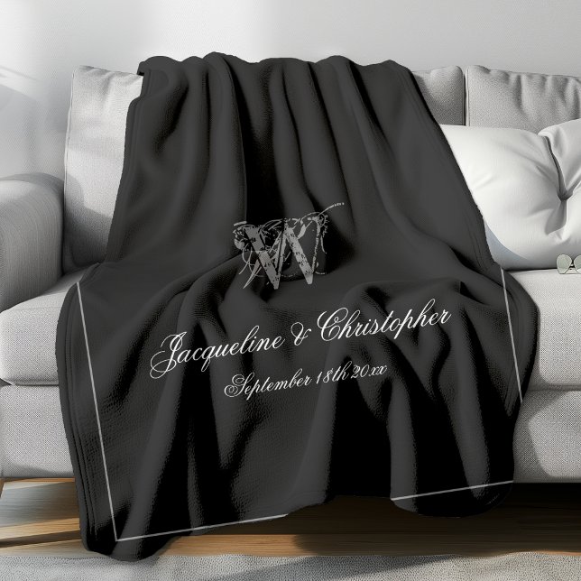 Cobertor De Velo Monograma do novo Casal do Presente de Casamento (Elegant gray monogram with white font names and gray border against black background fleece blanket.)