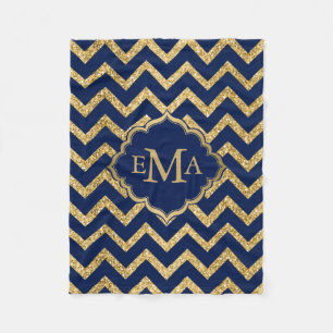 Cobertor De Velo Monograma do Padrão Zigzag Azul Glitter Dourado