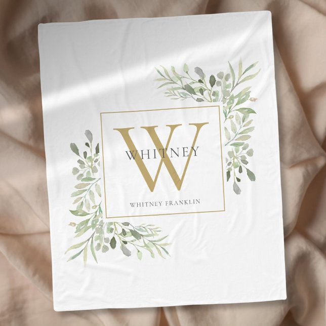 Cobertor De Velo Monograma Dourado Cores de Água (Gold Monogram Watercolor Greenery Fleece Blanket)