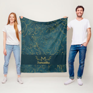 Cobertor De Velo Monograma Floral Elegante em Azul Teal Escuro e Do