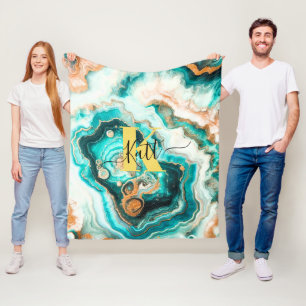 Cobertor De Velo Monograma Moderno Personalizado de Ouro Aqua Agate