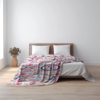 Cobertor De Velo Monograma Padrão Paris Rosa e Azul