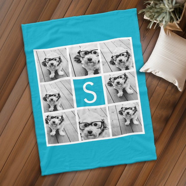 Cobertor De Velo Monograma Personalizado de Colagem de Fotos Azul A (Personalized fleece blanket with 8 photos and a monogram)