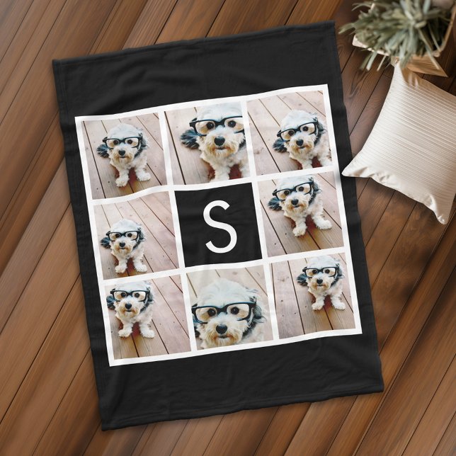 Cobertor De Velo Monograma Personalizado de Colagem de Fotos Preto  (Personalized fleece blanket with 8 photos and a monogram)