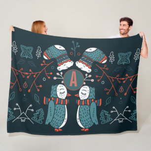 Cobertor De Velo Monogramas Art Natal Azul Coruja Árvores