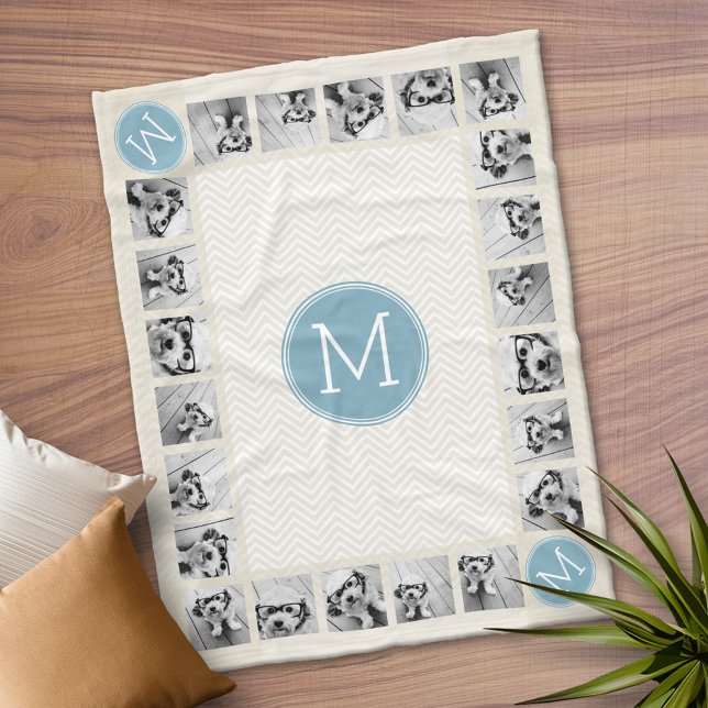 Cobertor De Velo Monogramas brancos de Pastel Blue e Linen Chevrons (Personalized Fleece Blanket)