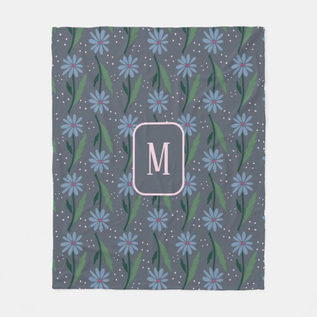 Cobertor De Velo Moody Hand Drawn Retro Blue Daisy Floral Monogram (Frente)