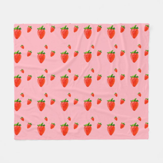 Cobertor De Velo Morangos vermelhos em fundo rosa (Frente (Horizontal))