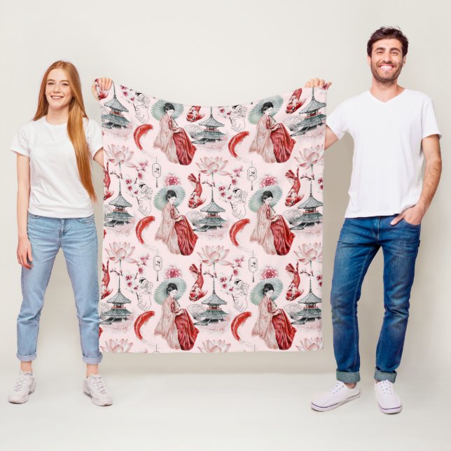 Cobertor De Velo Mulher aquarela japonesa Pagoda Lotus Koi Fish (In Situ)