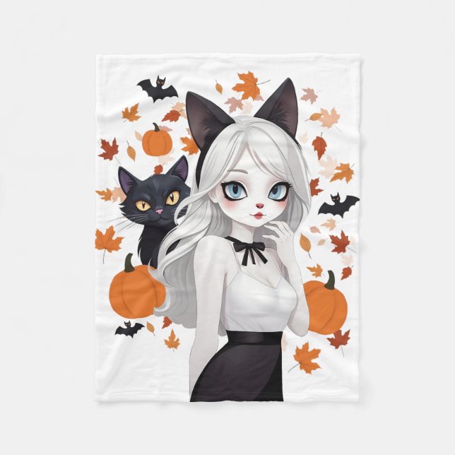 Cobertor De Velo Mulher de anime com gato preto. (Frente)