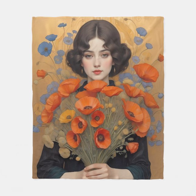 Cobertor De Velo Mulher Elegante segurando Buquê de flores de papoi (Frente)
