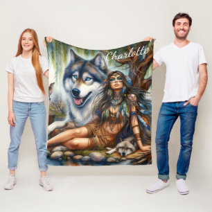 Cobertor De Velo Mulher nativa com seus companheiros de lobo