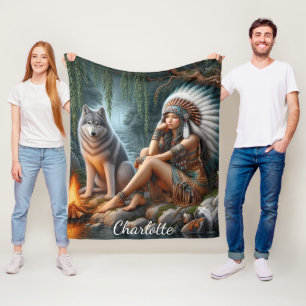 Cobertor De Velo Mulher nativa e lobo pelo riacho