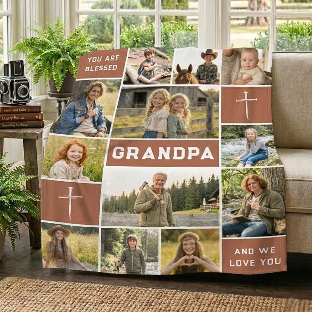 Cobertor De Velo Muted Orange 12 Photo Grandpa Name Bold White (Criador carregado)