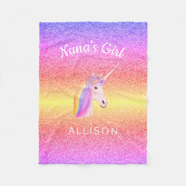 Cobertor De Velo Nanas Girl Unicorn Rainbow Glitter Personalizado  (Frente)