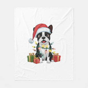 Cobertor De Velo Natal de Santa Hat Boston Terrier Dog de Xmas Ligh