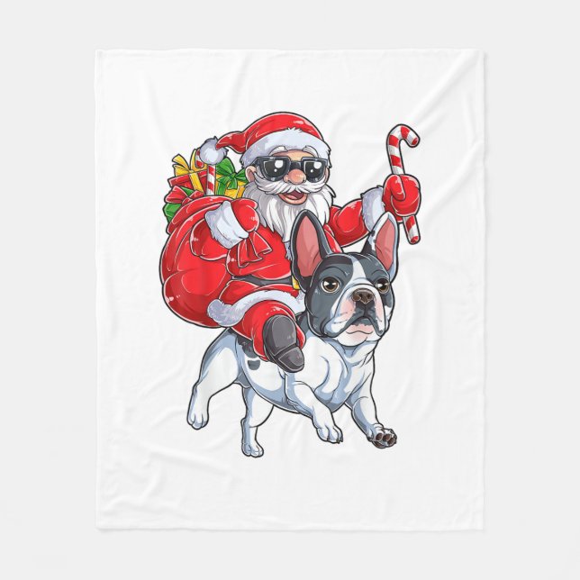 Cobertor De Velo Natal Santa Claus Andando Buldogue Francês Xmas B (Frente)