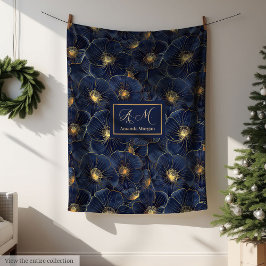 Cobertor De Velo Navy Gold Monogram Blanket Chic Floral Decor
