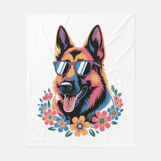 Cobertor De Velo Neon German shepherd com óculos de sol (Frente)