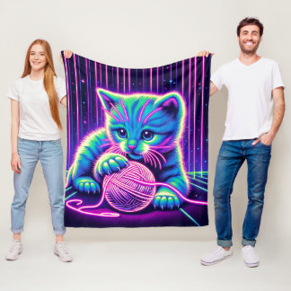 Cobertor De Velo Neon Glow Cat Brincando com Yarn