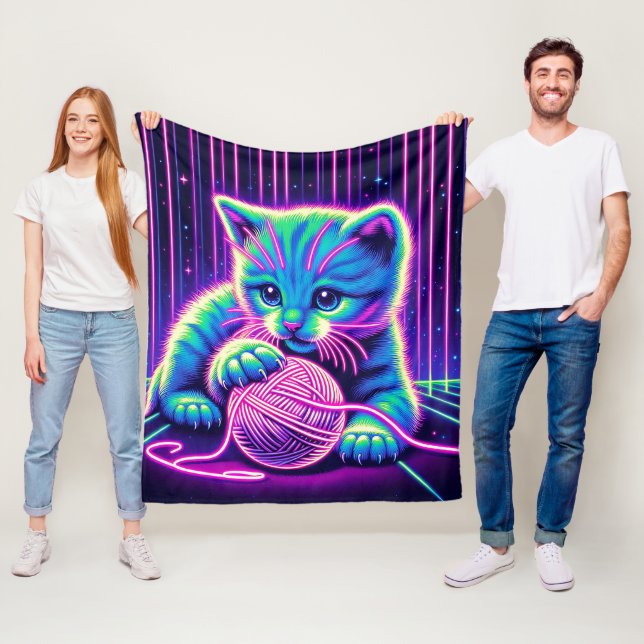 Cobertor De Velo Neon Glow Cat Brincando com Yarn (In Situ)