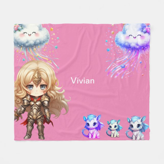 Cobertor De Velo Noite de menina protegendo dragões (Frente (Horizontal))