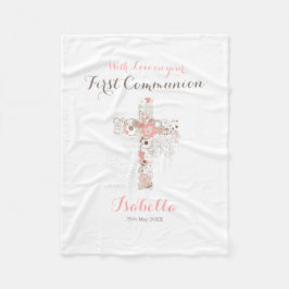 Cobertor De Velo Nome branco de primeira comunhão, cruz, fleece bla