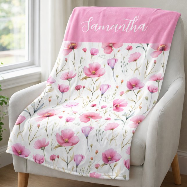 Cobertor De Velo Nome da Aguarela da Flor Silvestre Rosa  (Criador carregado)