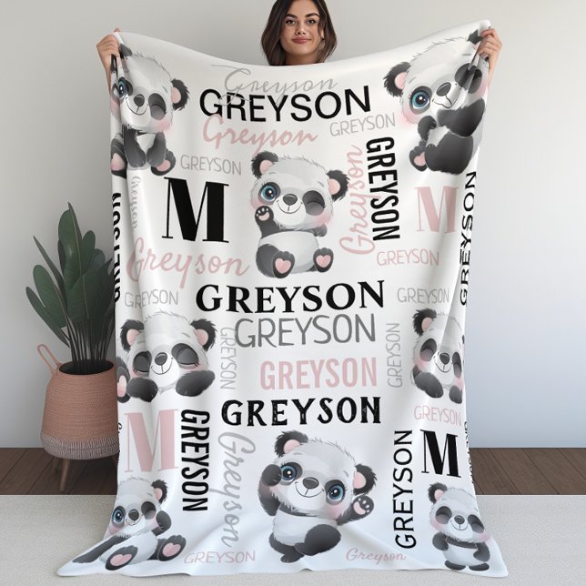 Cobertor De Velo Nome da Colagem Personalizada Panda Fleece Blanket (Personalized Collage Name Panda Fleece Blanket)
