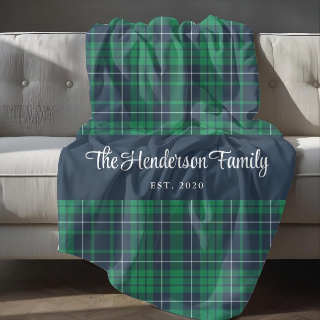 Cobertor De Velo Nome da Família Personalizada da Xadrez Verde Folh (Green Plaid Custom Family Name Fleece Blanket)