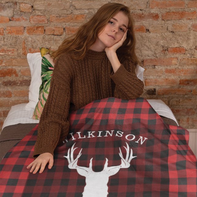 Cobertor De Velo Nome da família Red Buffalo Lumberjack Xadrez Lake (Red Black Gingham Deer Antler Rustic Blanket)