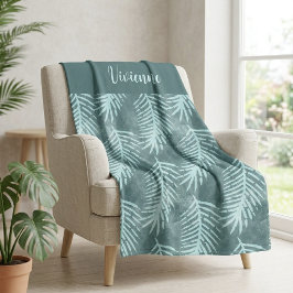 Cobertor De Velo Nome da Folha Tropical em Aquarela Teal Boho