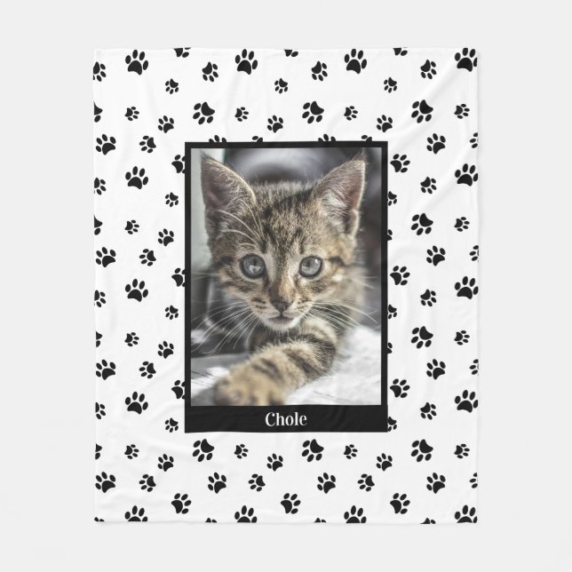 Cobertor De Velo Nome da Foto de Gato Fofo com Padrão de Pegadas de (Frente)