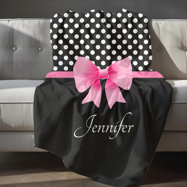Cobertor De Velo Nome das Bolinhas Pretas e Brancas de Fita Rosa (Pink Ribbon Black & White Polka Dots Name Fleece Blanket)