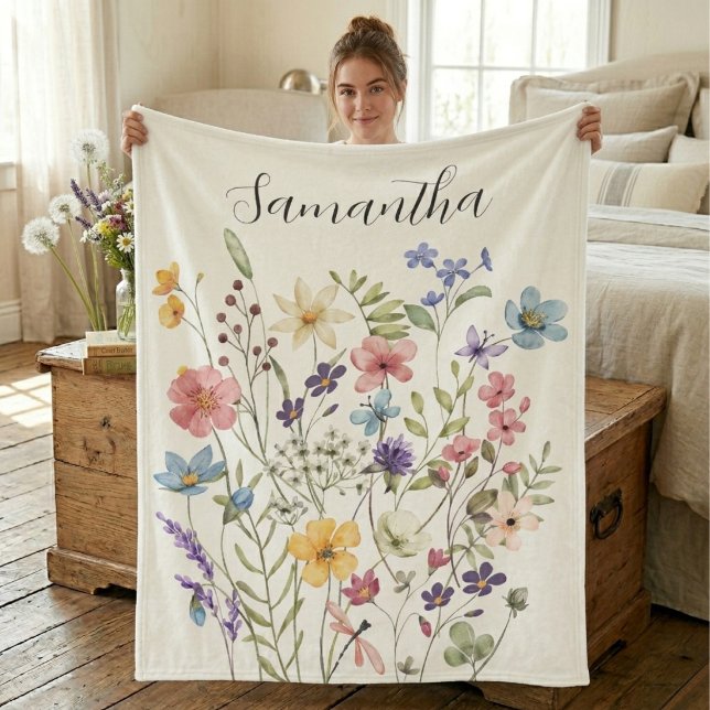 Cobertor De Velo Nome de Aquarela de Flor Silvestre Rosa Azul  (Criador carregado)