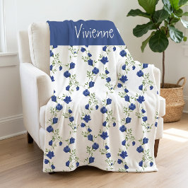 Cobertor De Velo Nome de Flor Silvestre Aquarela Azul Cobalto Verde