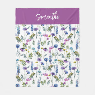 Cobertor De Velo Nome de Flor Silvestre Aquarela Roxo Azul